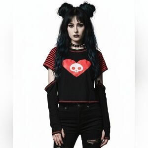 Skelanimals Red Black Stripe Skull Heart Crop Top E-Girl Size Small